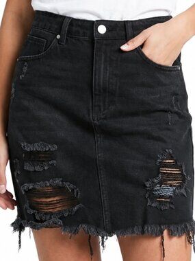 Small Black Distressed Denim Mini Skirt Raw Hem High Rise Frayed Jean Skirt